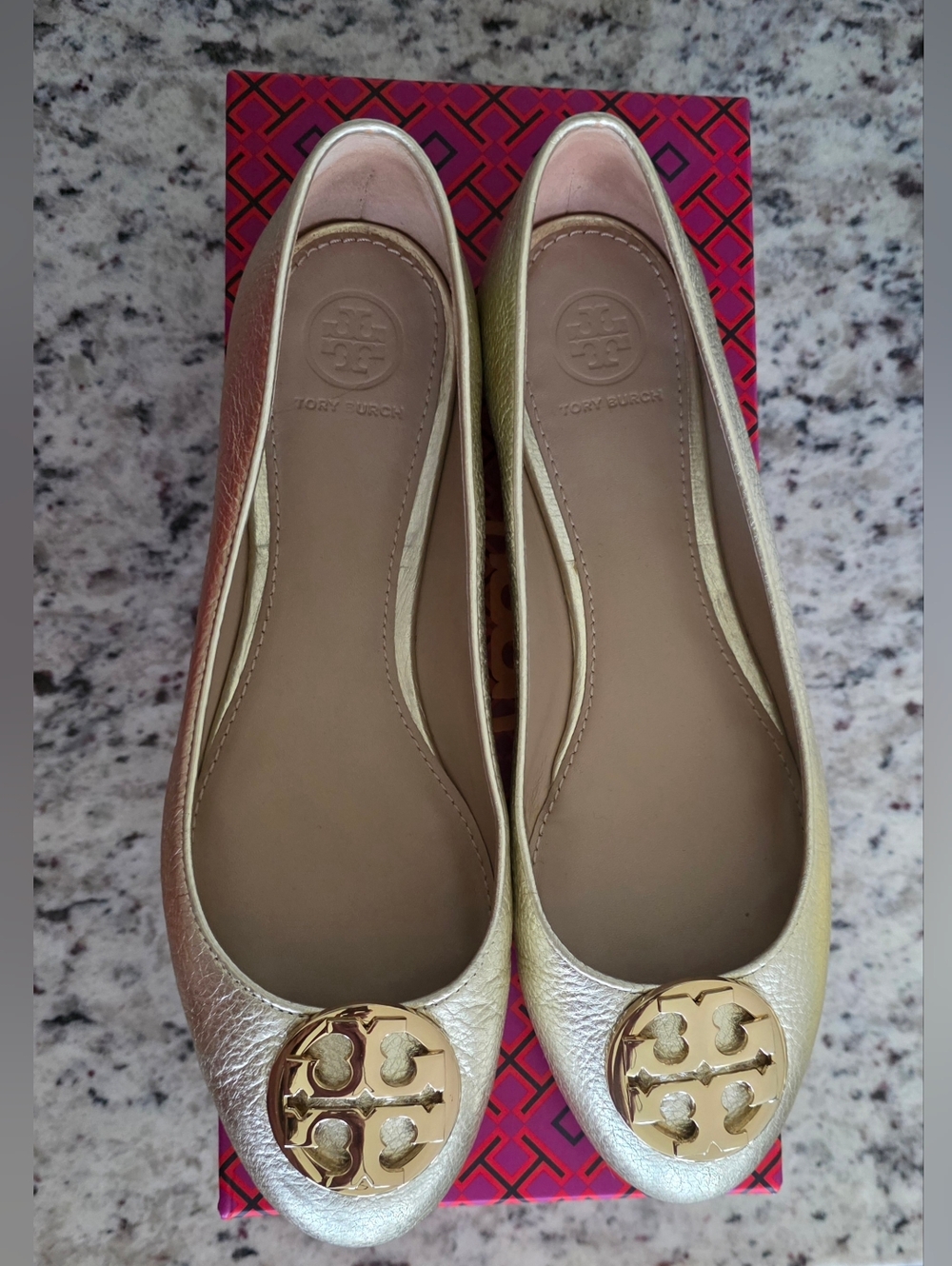 Tory Burch Metallic Gold Tumbled Leather Claire Ballet Flats